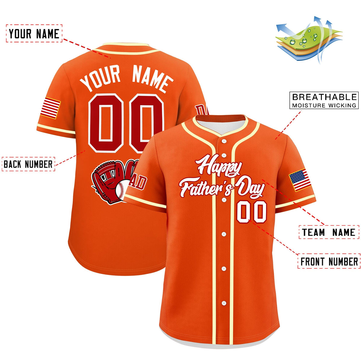 Custom Orange White Red Classic Style Father's Day Quick Dry Baseball Jersey| KXKSHOP