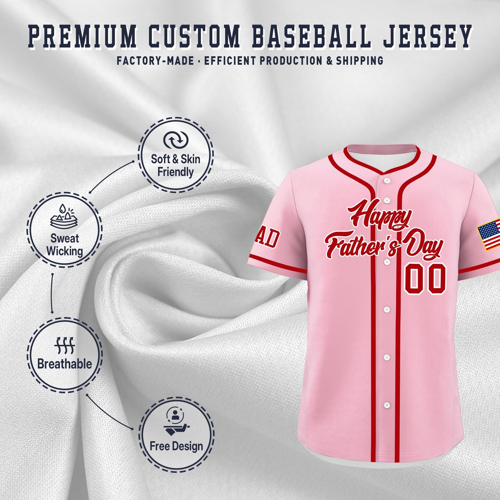Custom Light Pink Red White Classic Style Father's Day Quick Dry Baseball Jersey| KXKSHOP