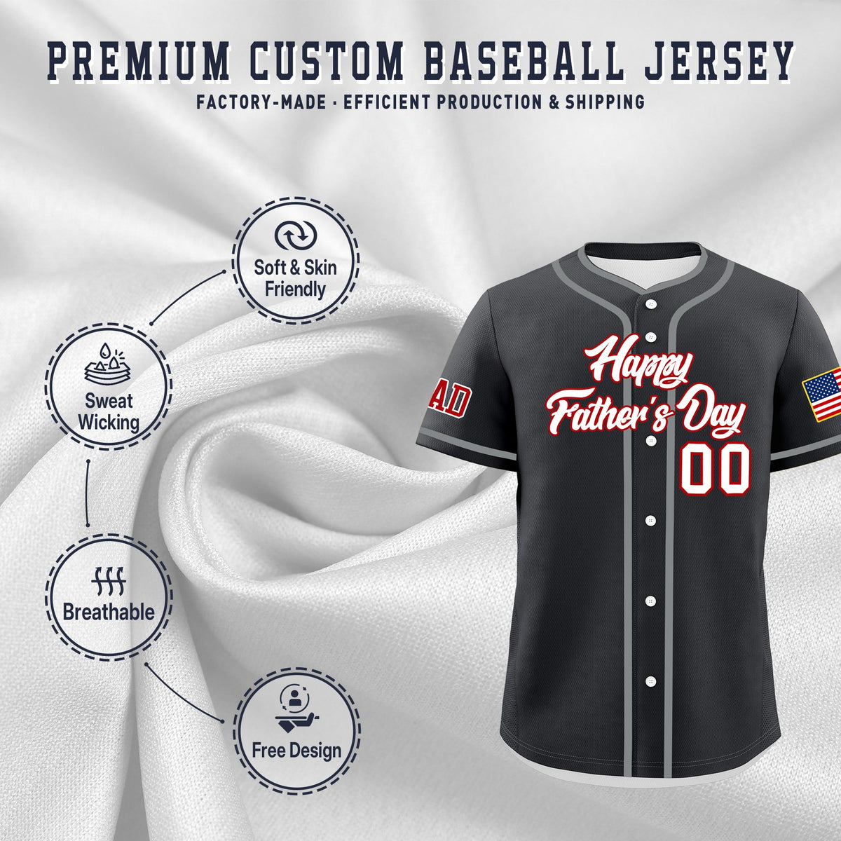 Custom Dark Gray White Red Classic Style Father's Day Quick Dry Baseball Jersey| KXKSHOP