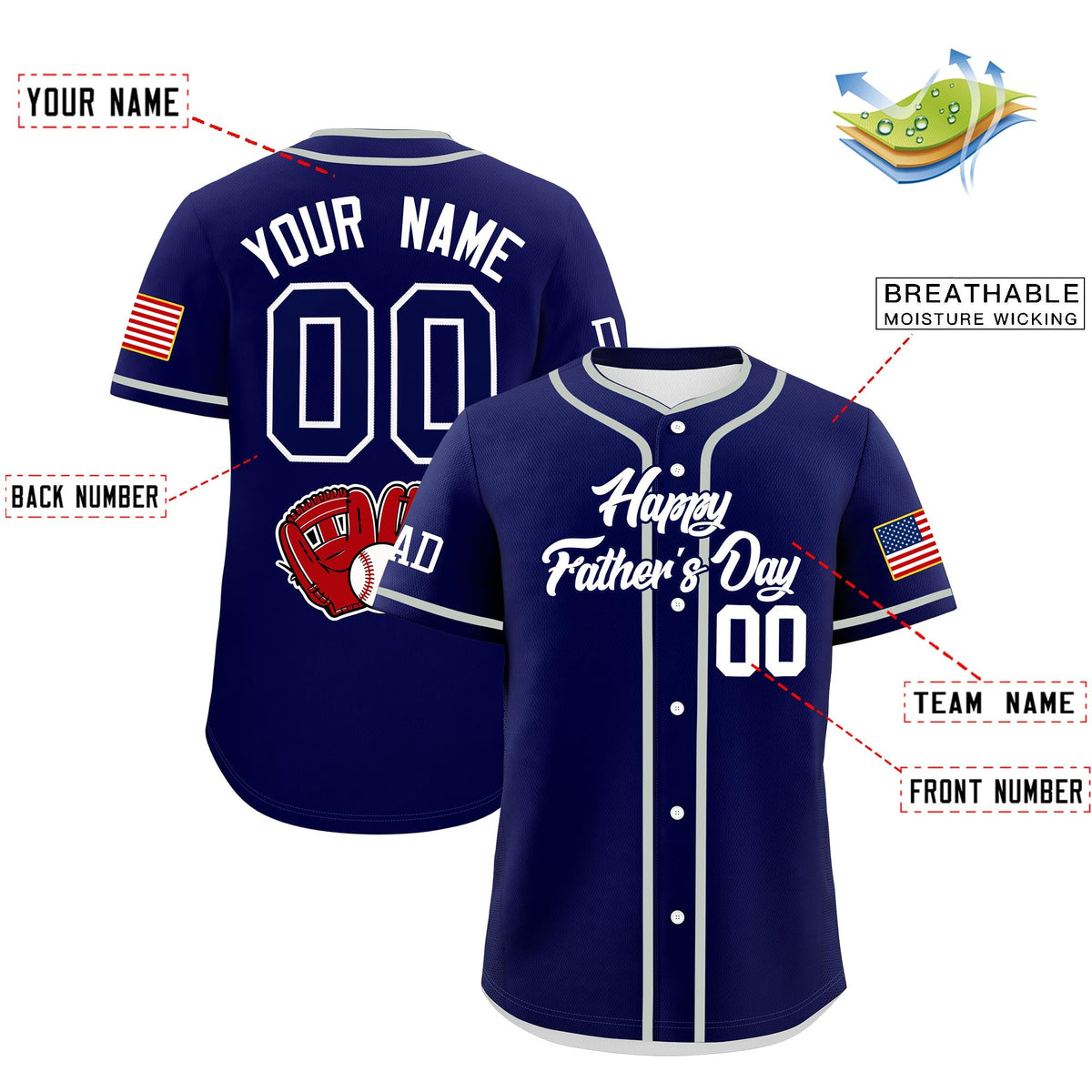 Custom Dark Blue White Classic Style Father's Day Quick Dry Baseball Jersey| KXKSHOP