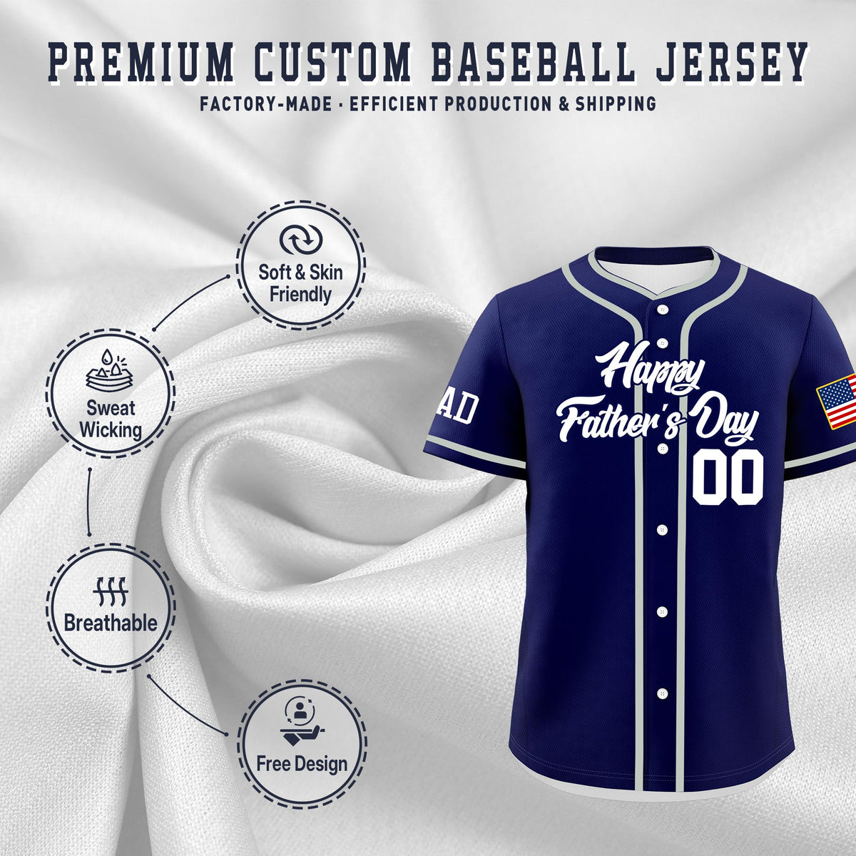 Custom Dark Blue White Classic Style Father's Day Quick Dry Baseball Jersey| KXKSHOP