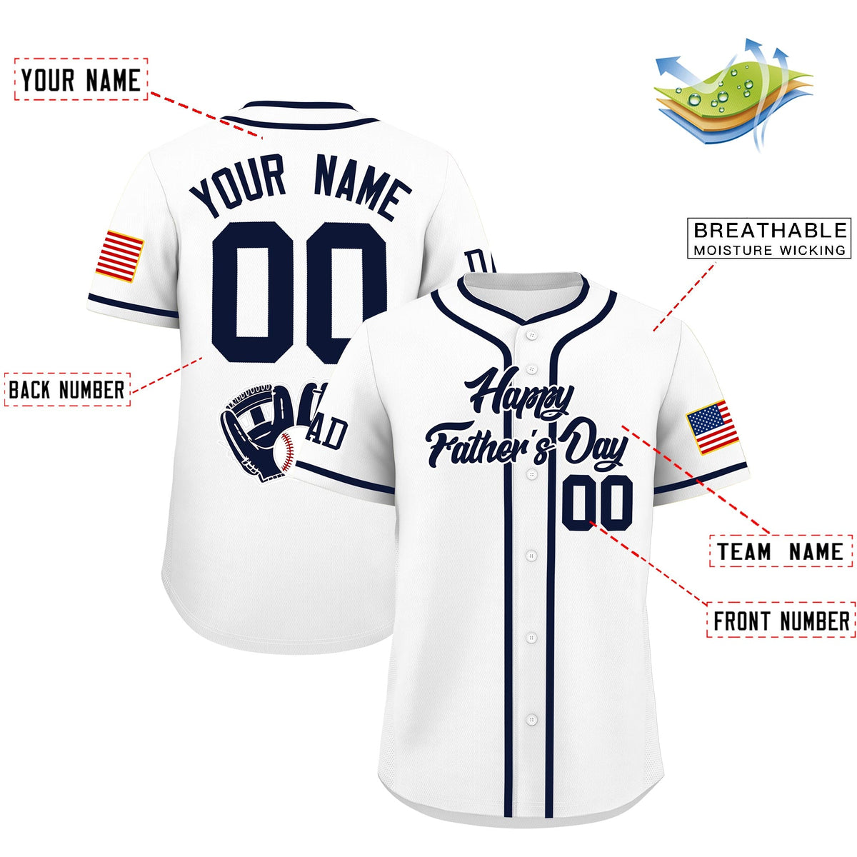 Custom White Navy Classic Style Father's Day Quick Dry Baseball Jersey| KXKSHOP