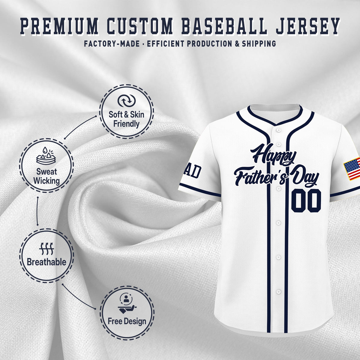 Custom White Navy Classic Style Father's Day Quick Dry Baseball Jersey| KXKSHOP