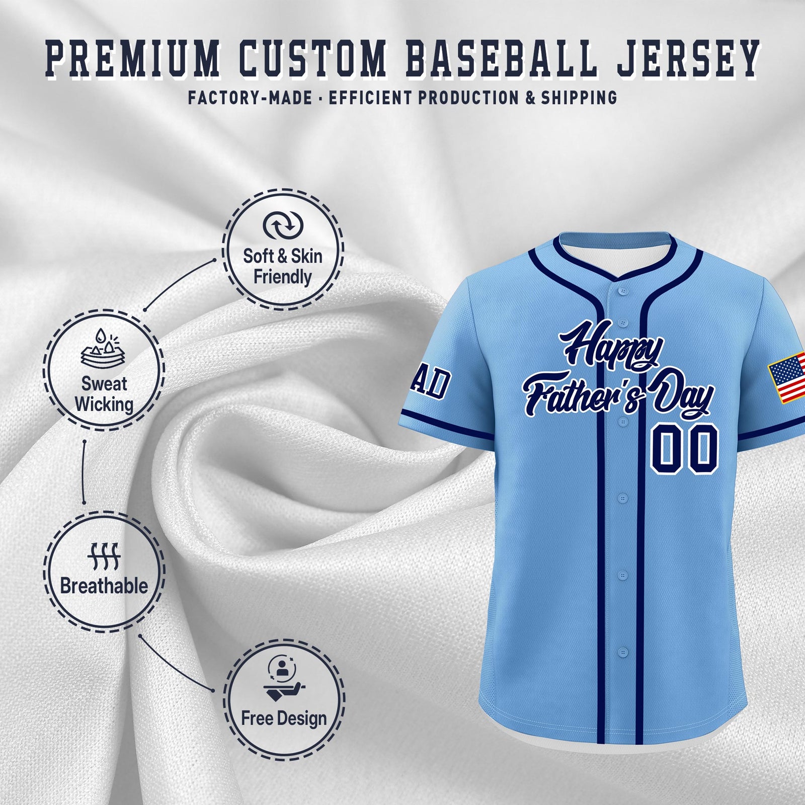 Custom Powder Blue Dark Blue White Classic Style Father's Day Quick Dry Baseball Jersey| KXKSHOP