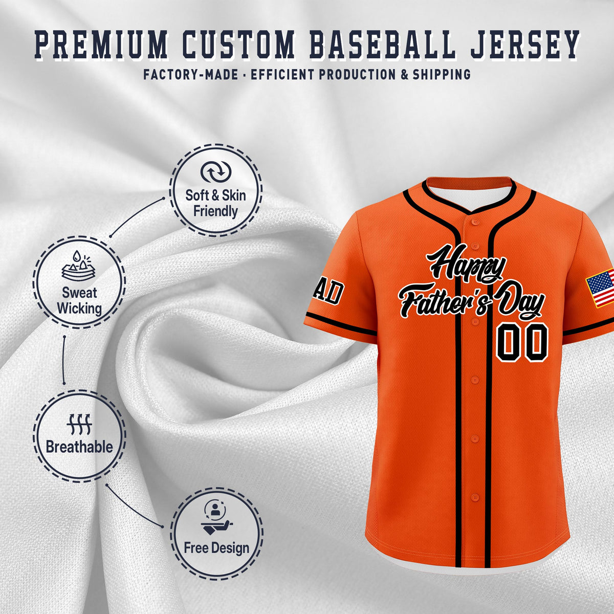Custom Orange Black White Classic Style Father's Day Quick Dry Baseball Jersey| KXKSHOP
