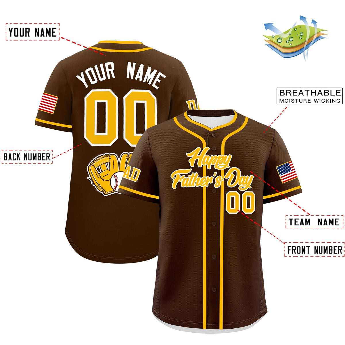Custom Brown Yellow White Classic Style Father's Day Quick Dry Baseball Jersey| KXKSHOP