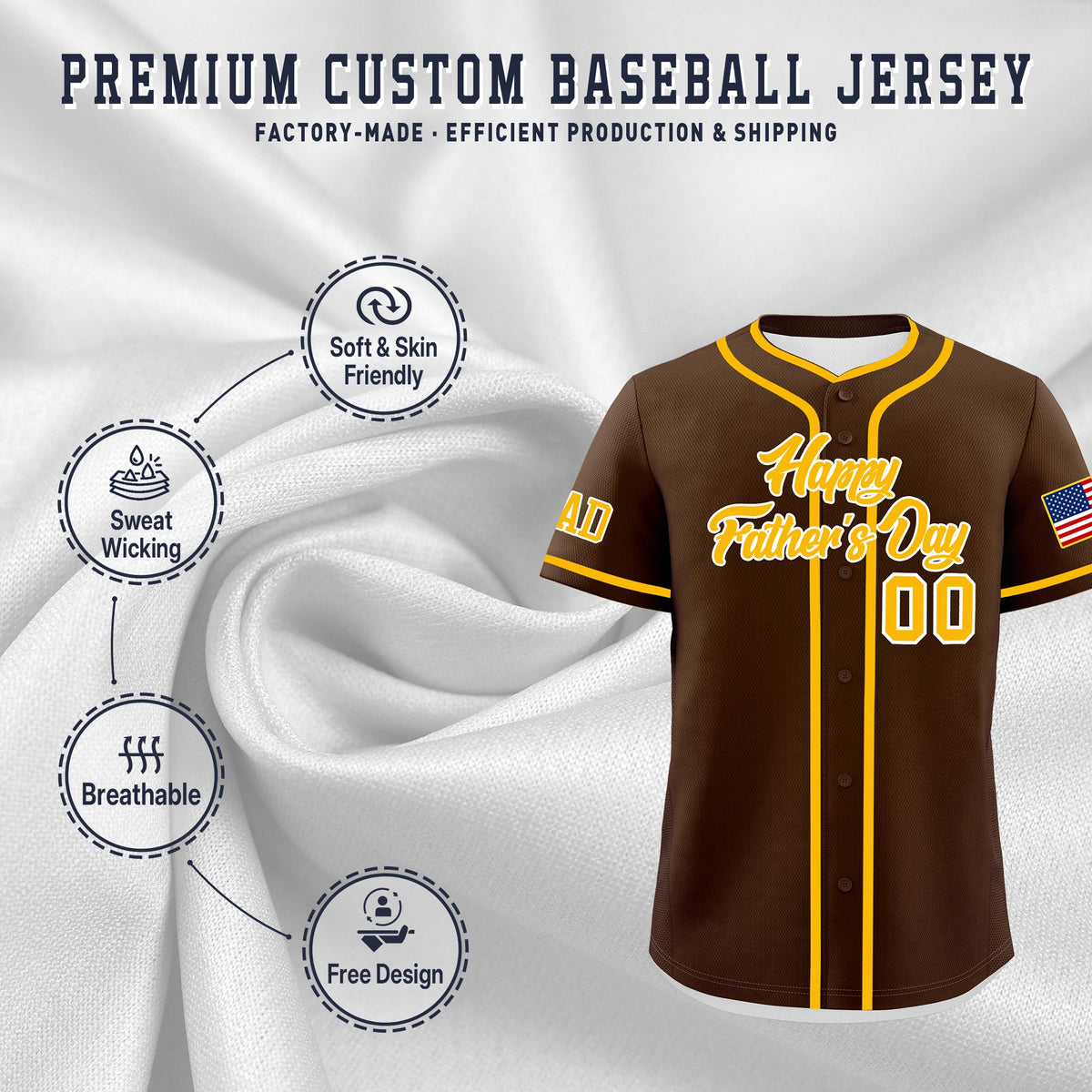 Custom Brown Yellow White Classic Style Father's Day Quick Dry Baseball Jersey| KXKSHOP