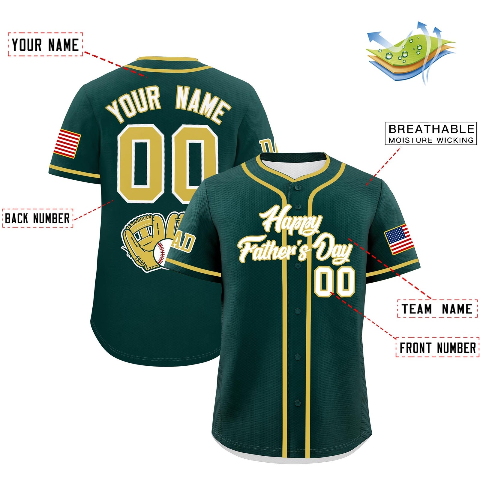 Custom Dark Green White Old Gold Classic Style Father's Day Quick Dry Baseball Jersey| KXKSHOP