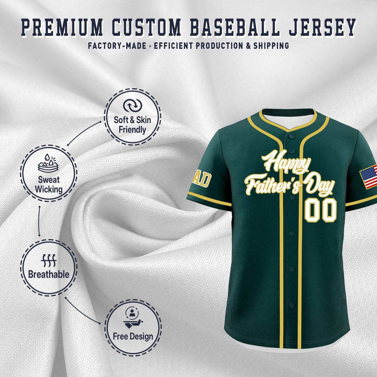 Custom Dark Green White Old Gold Classic Style Father's Day Quick Dry Baseball Jersey| KXKSHOP