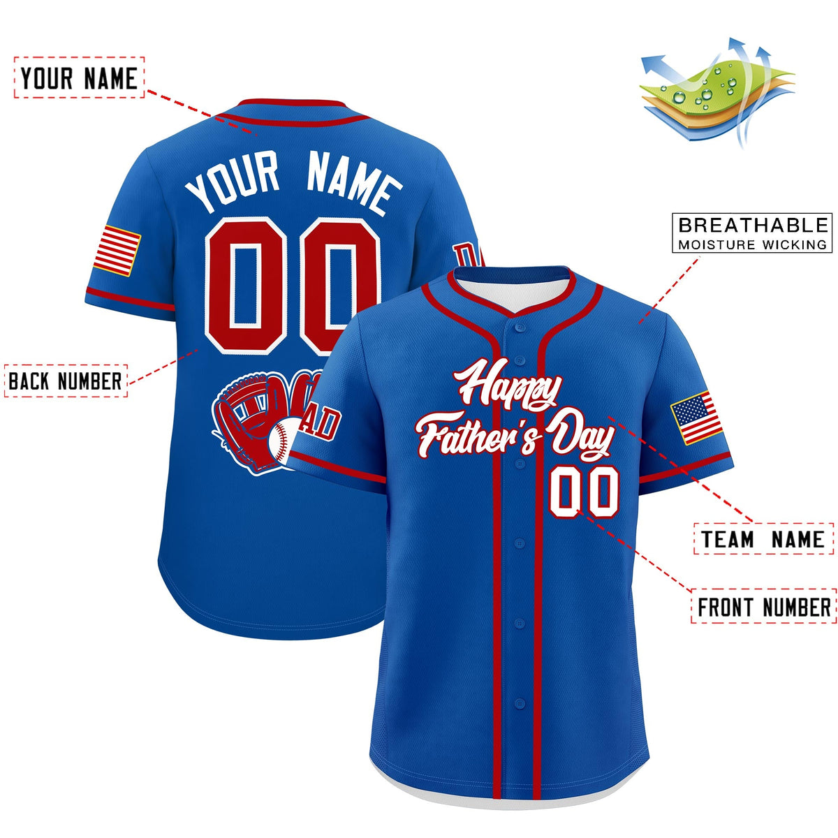 Custom Royal White Red Classic Style Father's Day Quick Dry Baseball Jersey| KXKSHOP
