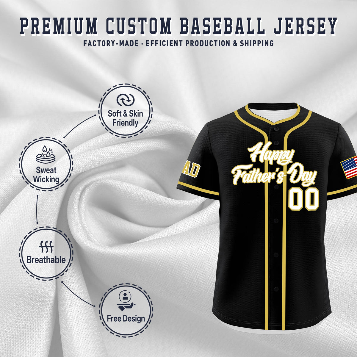 Custom Black White Old Gold Classic Style Father's Day Quick Dry Baseball Jersey| KXKSHOP