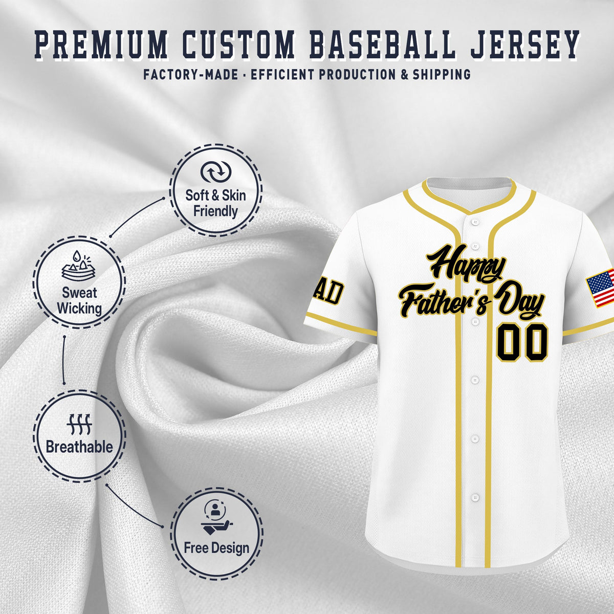 Custom White Black Old Gold Classic Style Father's Day Quick Dry Baseball Jersey| KXKSHOP