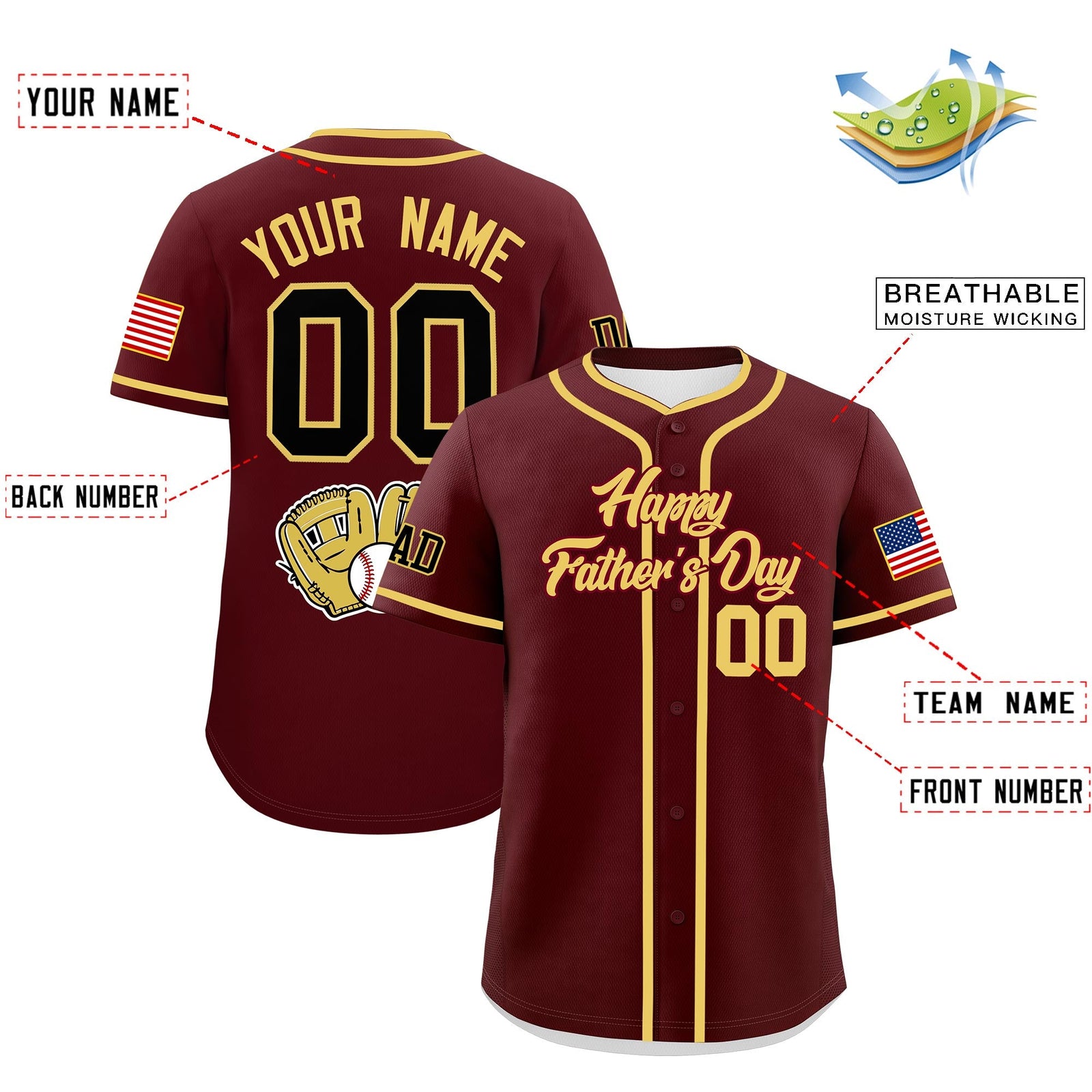 Custom Burgundy Khaki Classic Style Father's Day Quick Dry Baseball Jersey| KXKSHOP
