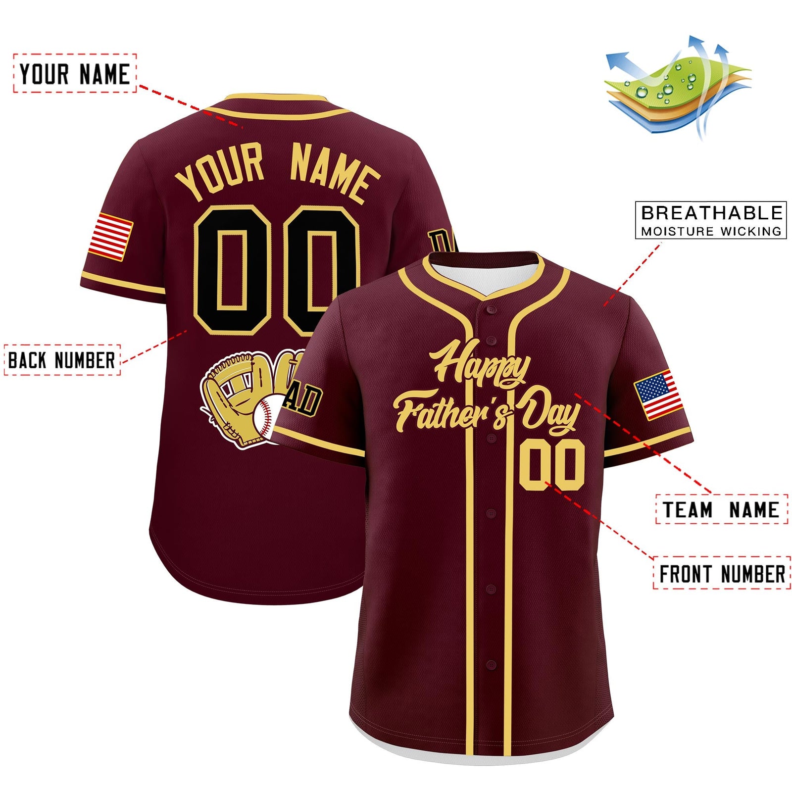 Custom Crimson Khaki Classic Style Father's Day Quick Dry Baseball Jersey| KXKSHOP