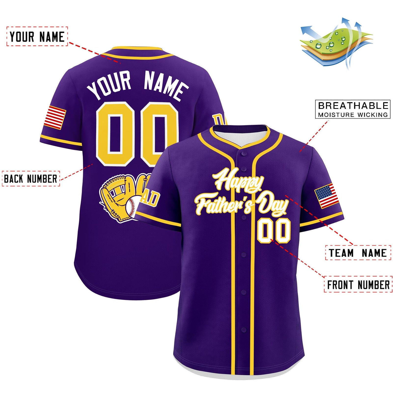 Custom Purple White Gold Classic Style Father's Day Quick Dry Baseball Jersey| KXKSHOP