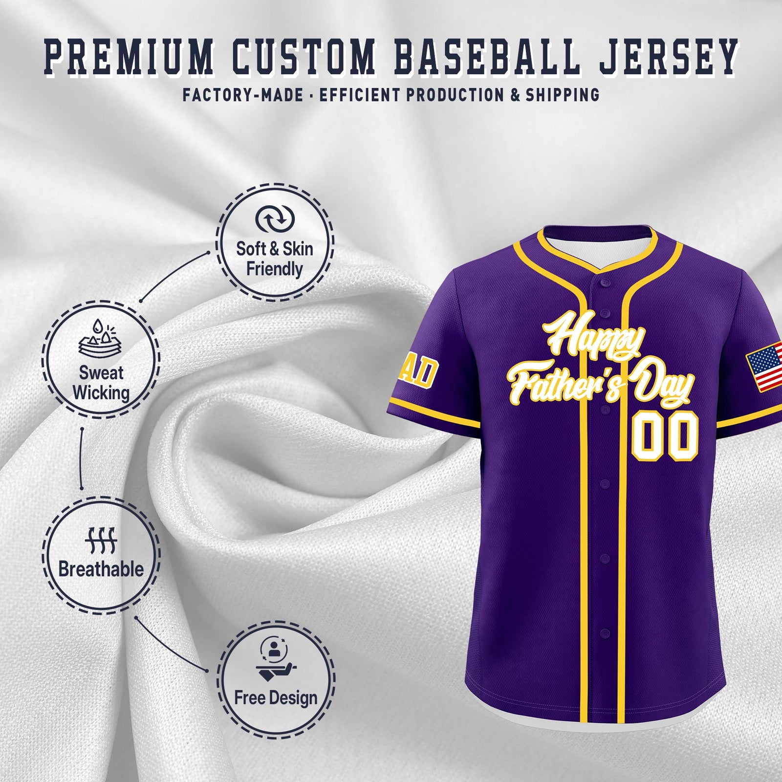 Custom Purple White Gold Classic Style Father's Day Quick Dry Baseball Jersey| KXKSHOP