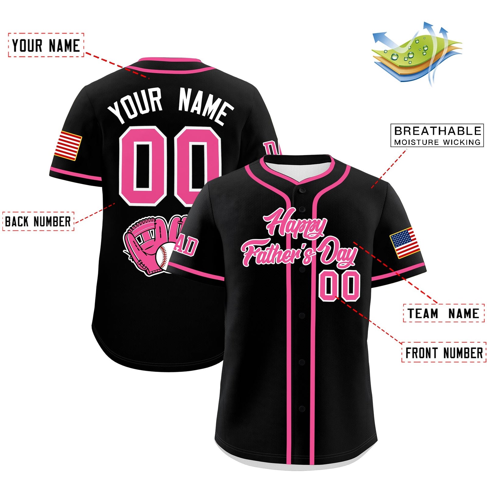 Custom Black Pink White Classic Style Father's Day Quick Dry Baseball Jersey| KXKSHOP