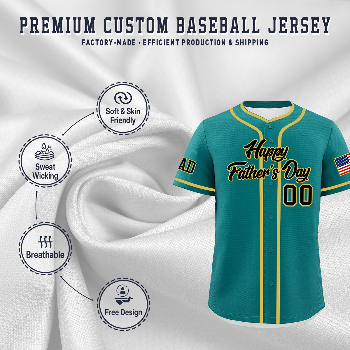 Custom Teal Black Old Gold Classic Style Father's Day Quick Dry Baseball Jersey| KXKSHOP