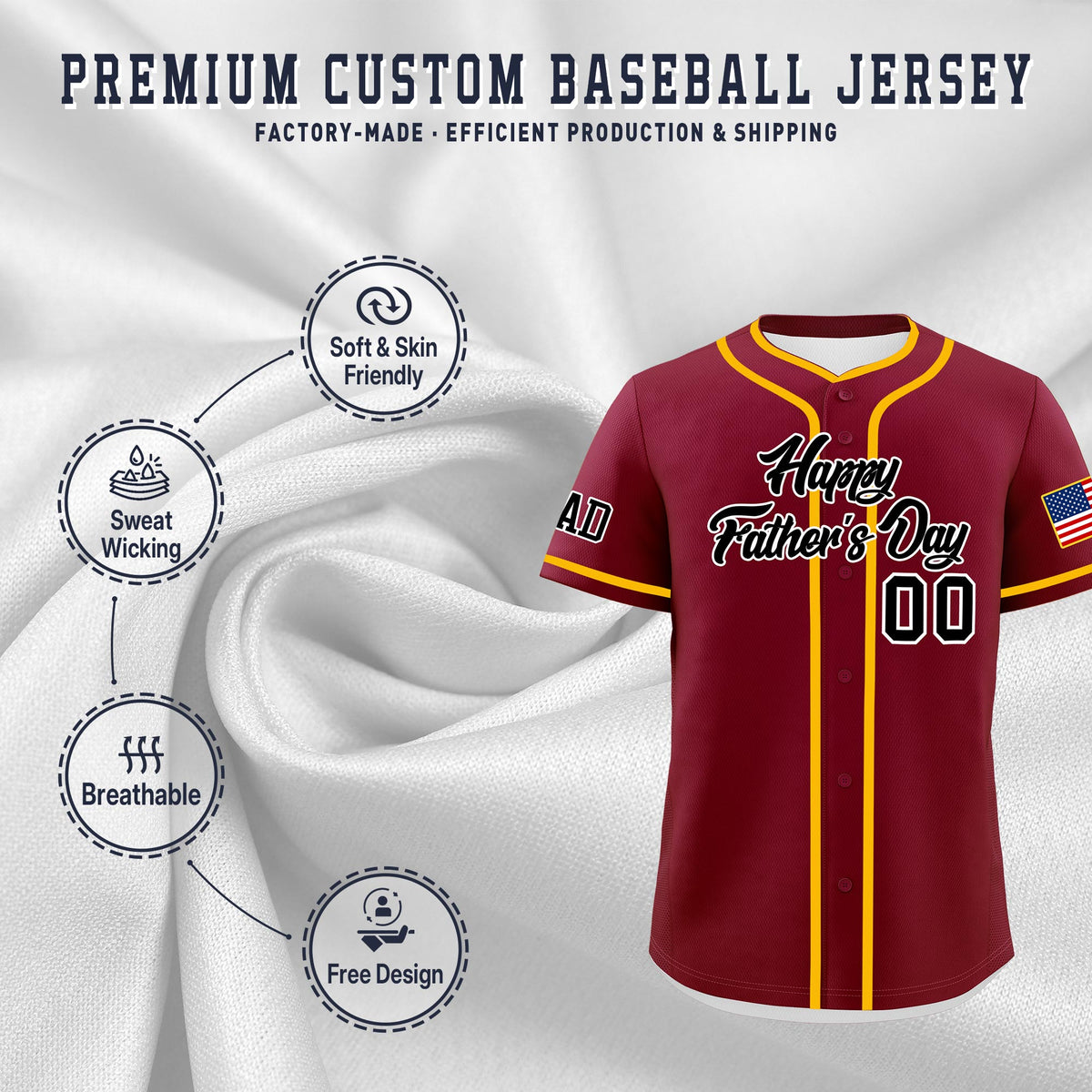 Custom Crimson Black White Classic Style Father's Day Quick Dry Baseball Jersey| KXKSHOP
