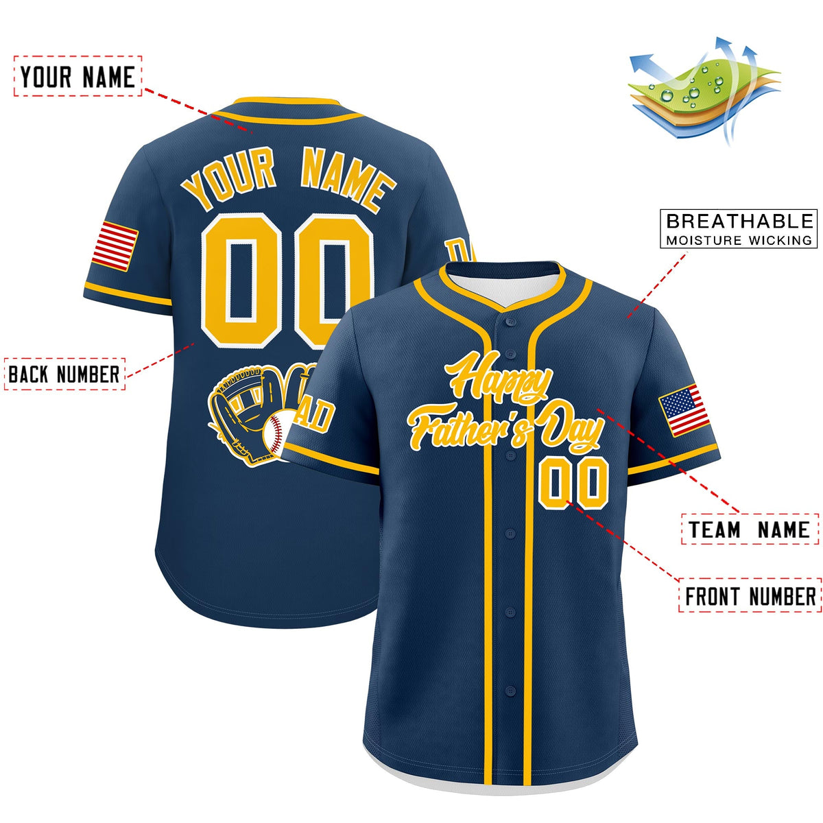 Custom Midnight Blue Yellow White Classic Style Father's Day Quick Dry Baseball Jersey| KXKSHOP