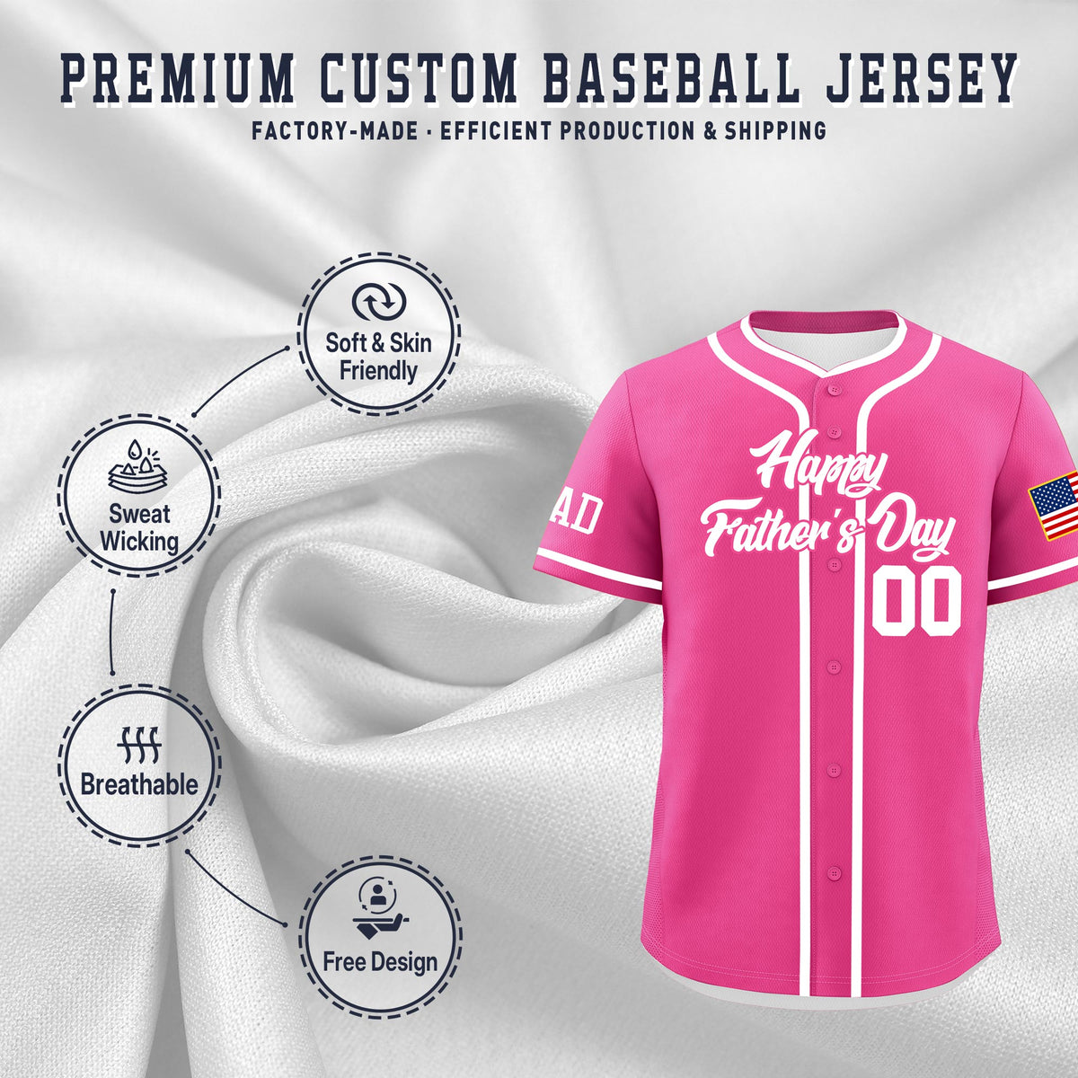 Custom Pink White Classic Style Father's Day Quick Dry Baseball Jersey| KXKSHOP