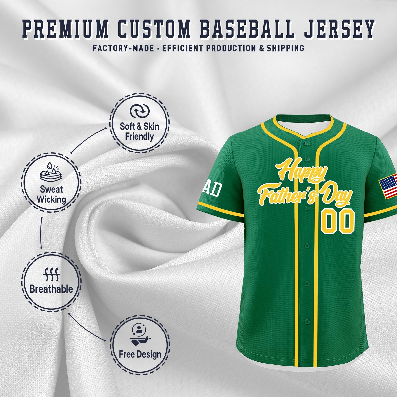 Custom Kelly Green Gold White Classic Style Father's Day Quick Dry Baseball Jersey| KXKSHOP
