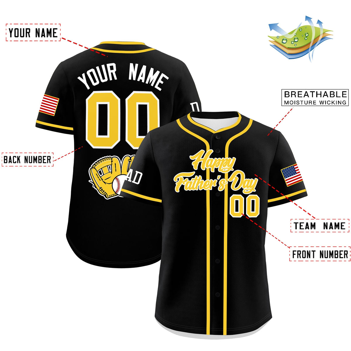 Custom Black Gold White Classic Style Father's Day Quick Dry Baseball Jersey| KXKSHOP