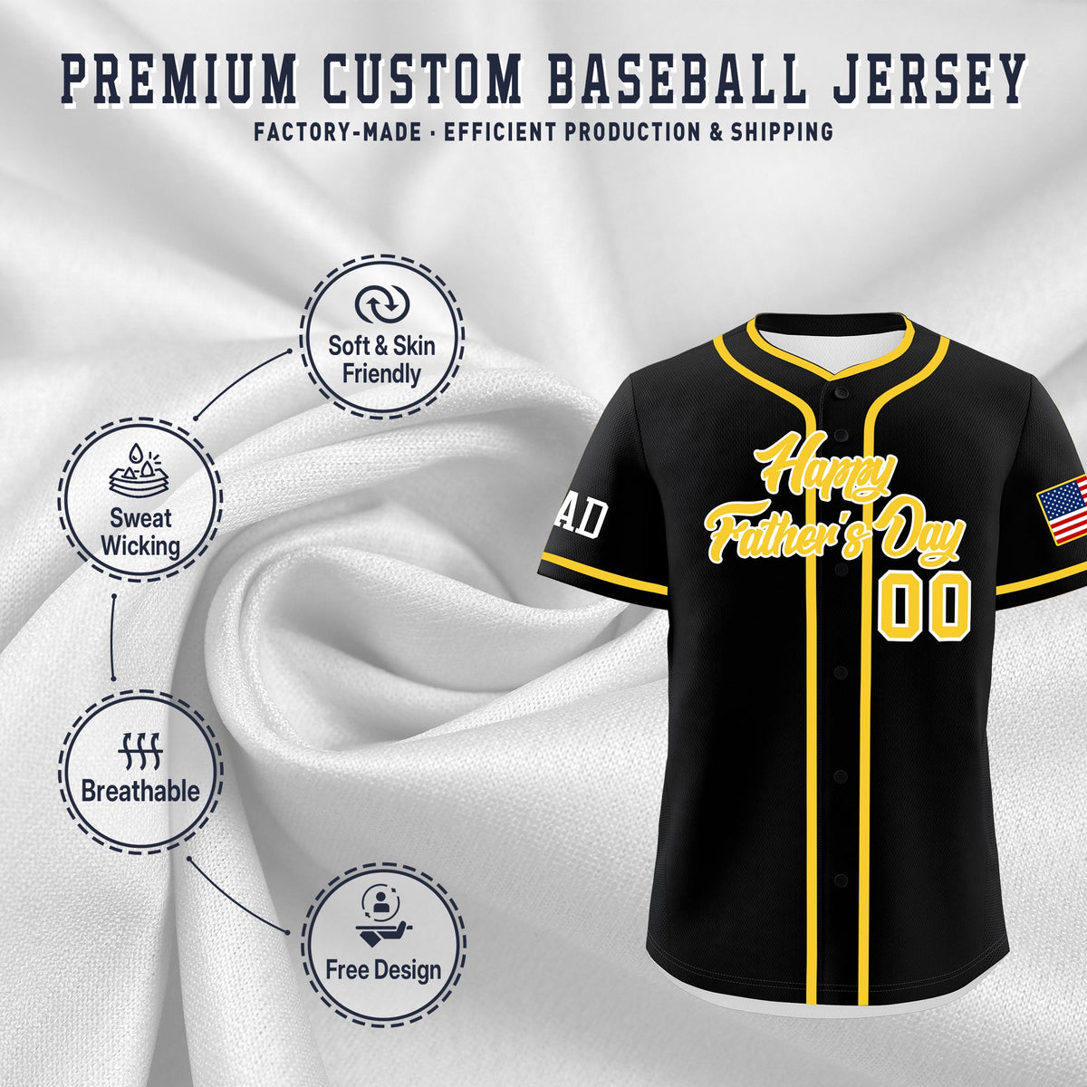Custom Black Gold White Classic Style Father's Day Quick Dry Baseball Jersey| KXKSHOP