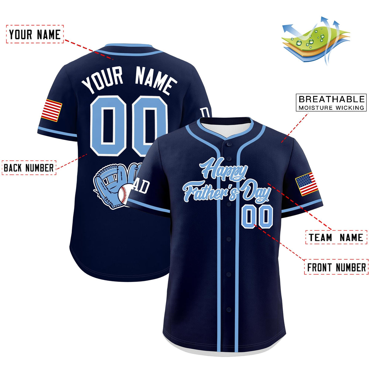 Custom Navy Powder Blue White Classic Style Father's Day Quick Dry Baseball Jersey| KXKSHOP