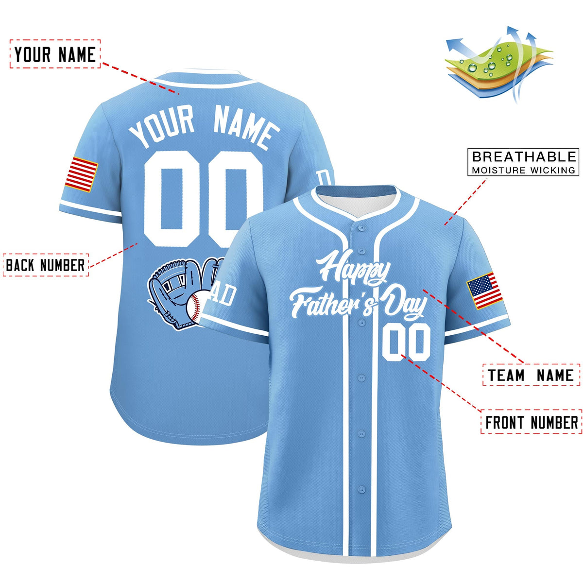 Custom Powder Blue White Classic Style Father's Day Quick Dry Baseball Jersey| KXKSHOP