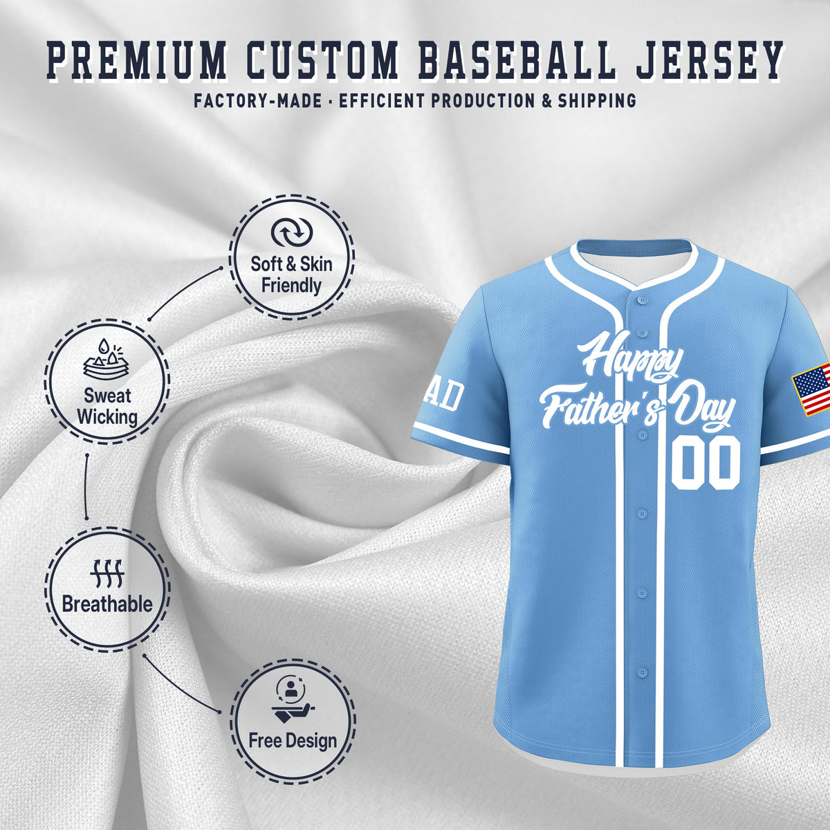 Custom Powder Blue White Classic Style Father's Day Quick Dry Baseball Jersey| KXKSHOP