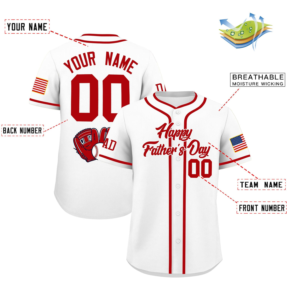 Custom White Red Classic Style Father's Day Quick Dry Baseball Jersey| KXKSHOP