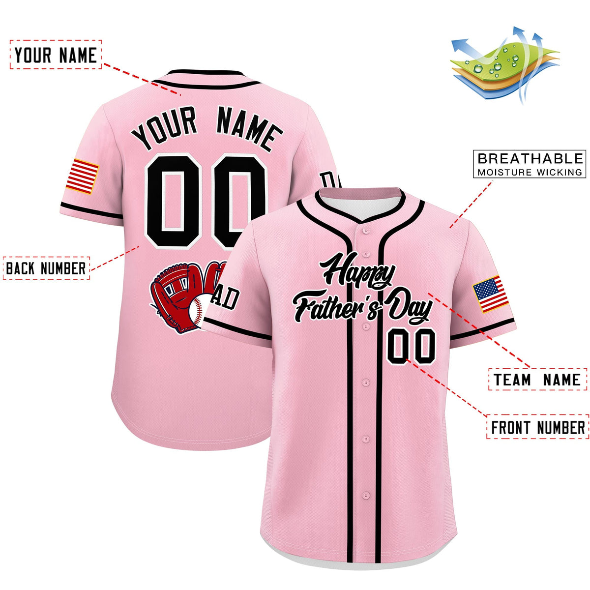 Custom Light Pink Black White Classic Style Father's Day Quick Dry Baseball Jersey| KXKSHOP