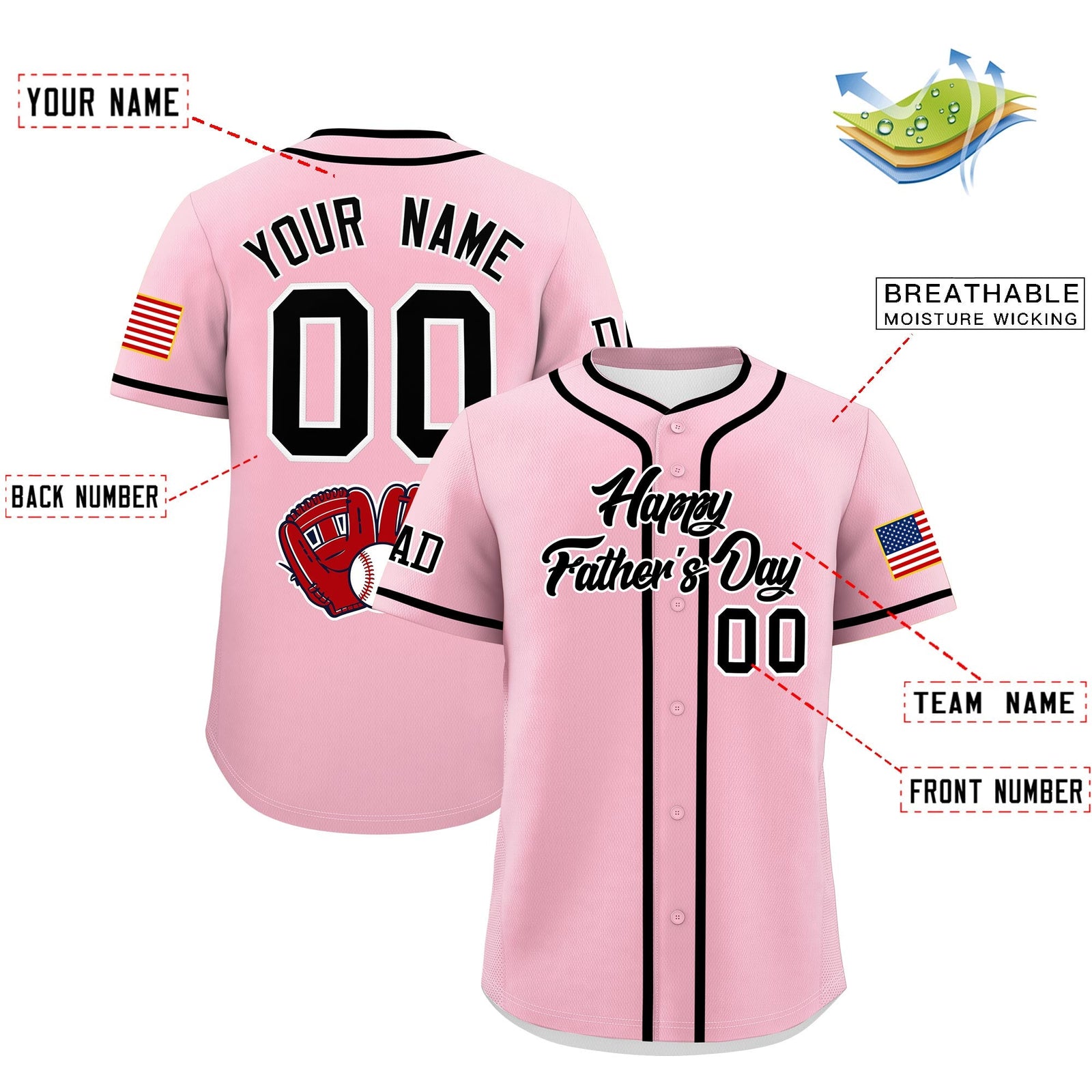 Custom Light Pink Black White Classic Style Father's Day Quick Dry Baseball Jersey| KXKSHOP