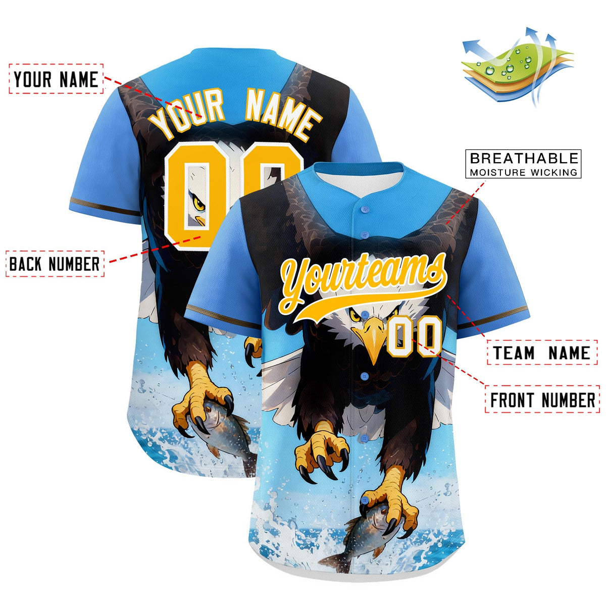 Custom Powder Blue Yellow White Eagle Animal Series Personalization Graffiti Pattern Baseball Jersey| KXKSHOP