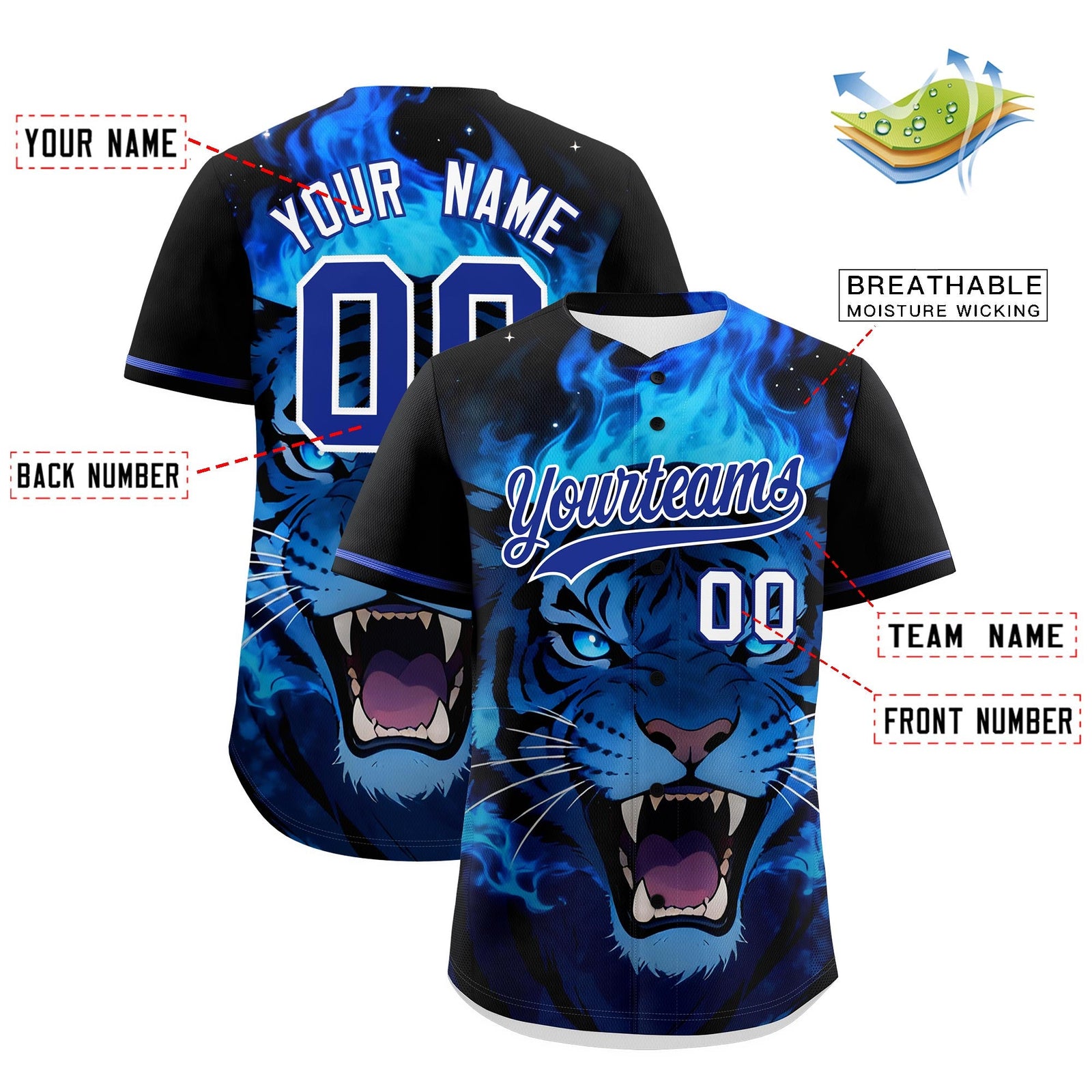 Custom Black Royal Blue White Tiger Animal Series Personalization Graffiti Pattern Baseball Jersey| KXKSHOP