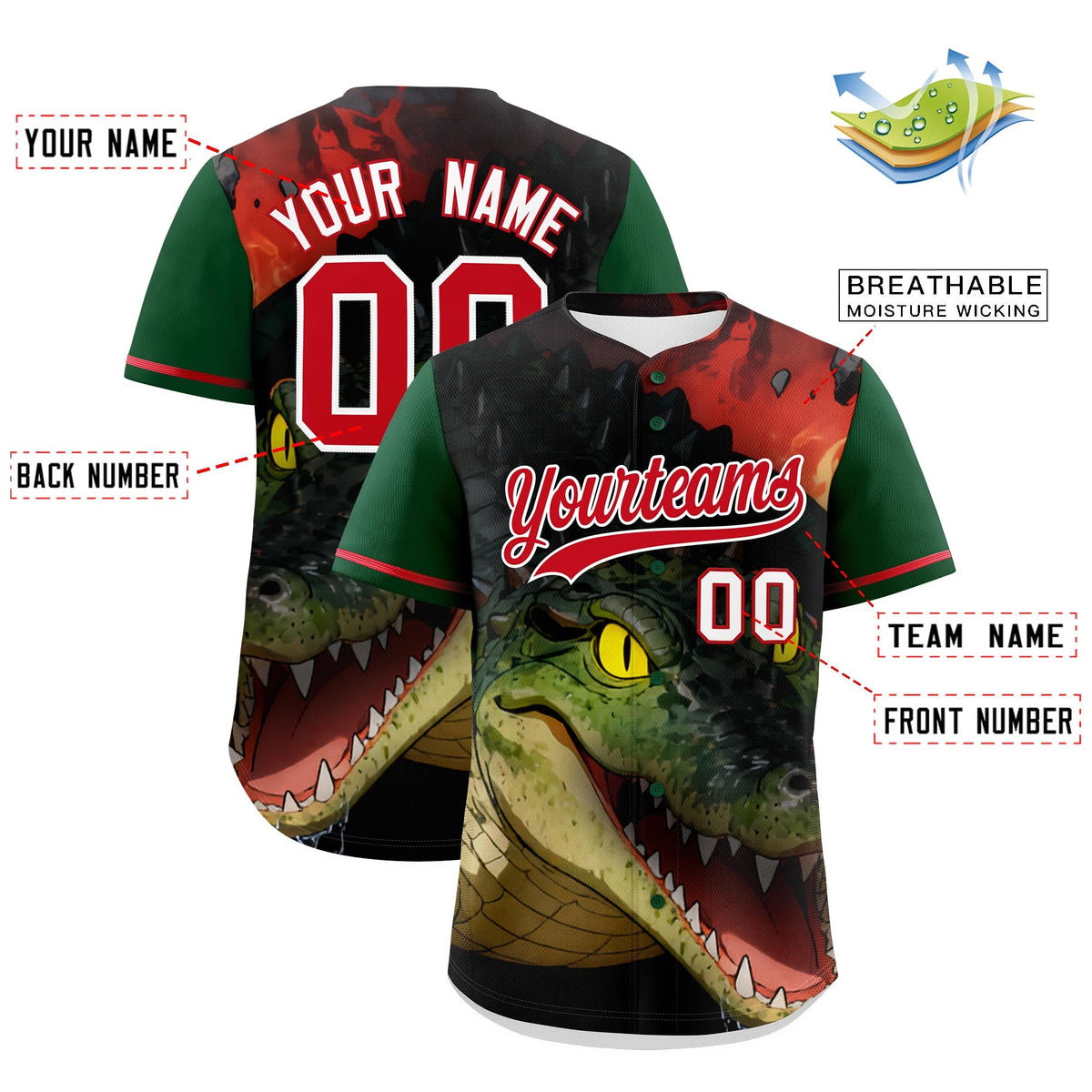 Custom Dark Green Red White Crocodile Animal Series Personalization Graffiti Pattern Baseball Jersey| KXKSHOP