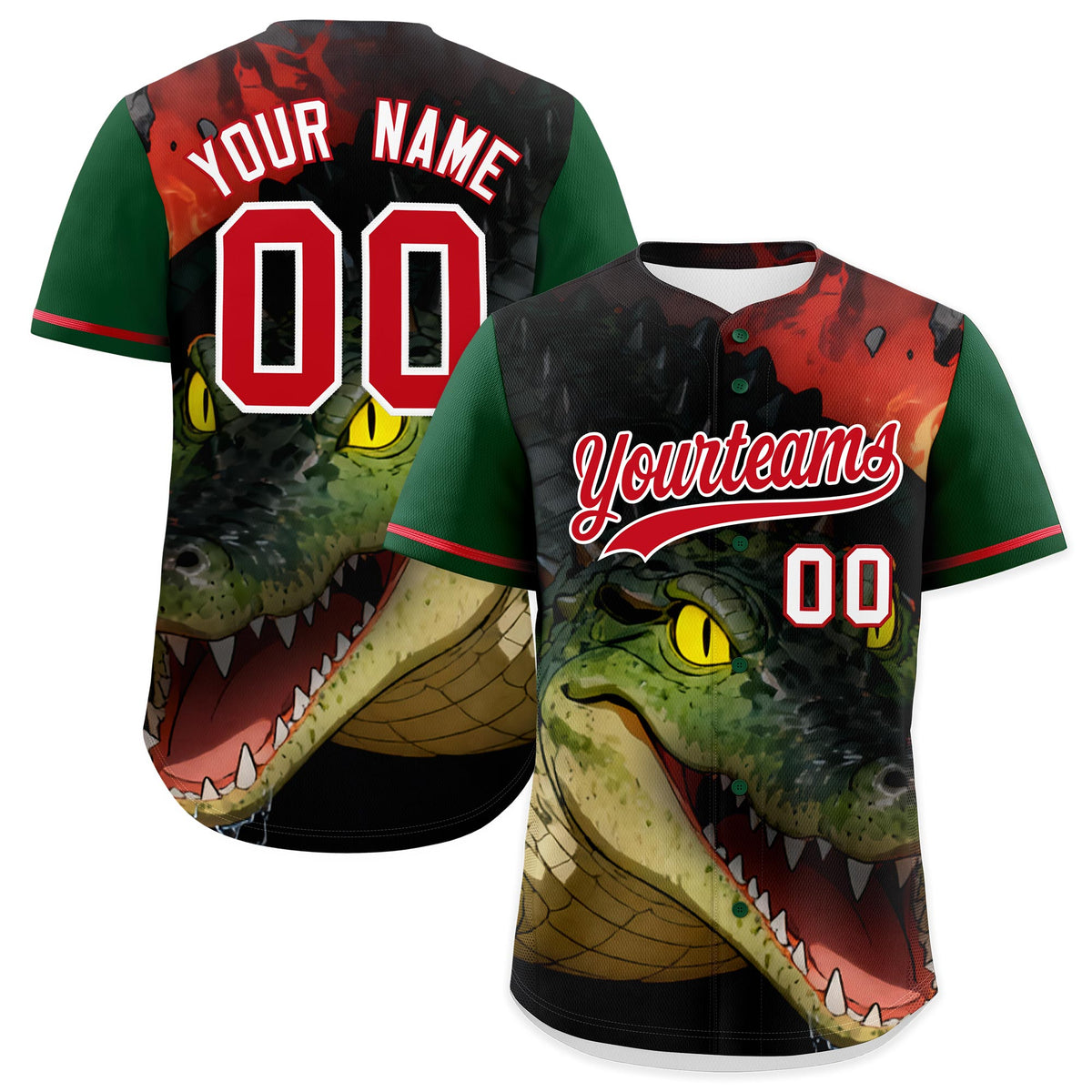 Custom Dark Green Red White Crocodile Animal Series Personalization Graffiti Pattern Baseball Jersey| KXKSHOP