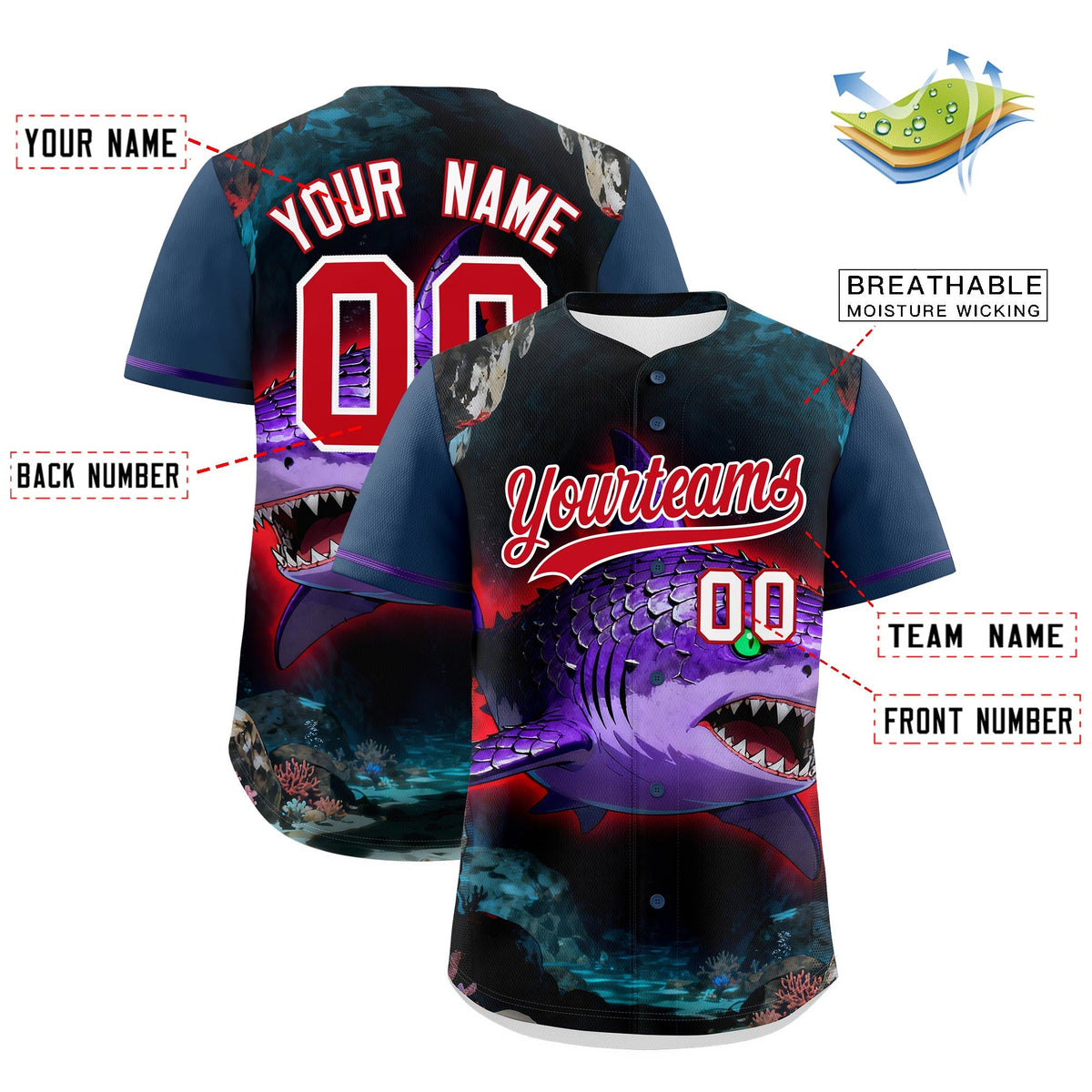 Custom Midnight Blue Red White Shark Animal Series Personalization Graffiti Pattern Baseball Jersey| KXKSHOP
