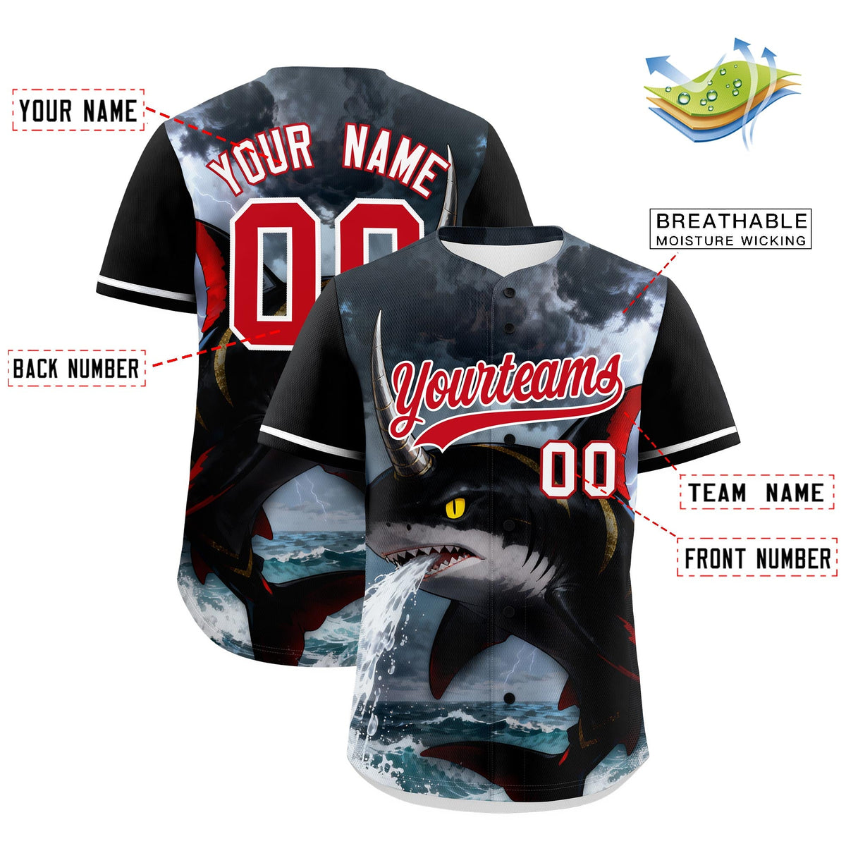 Custom Black White Red Shark Animal Series Personalization Graffiti Pattern Baseball Jersey| KXKSHOP