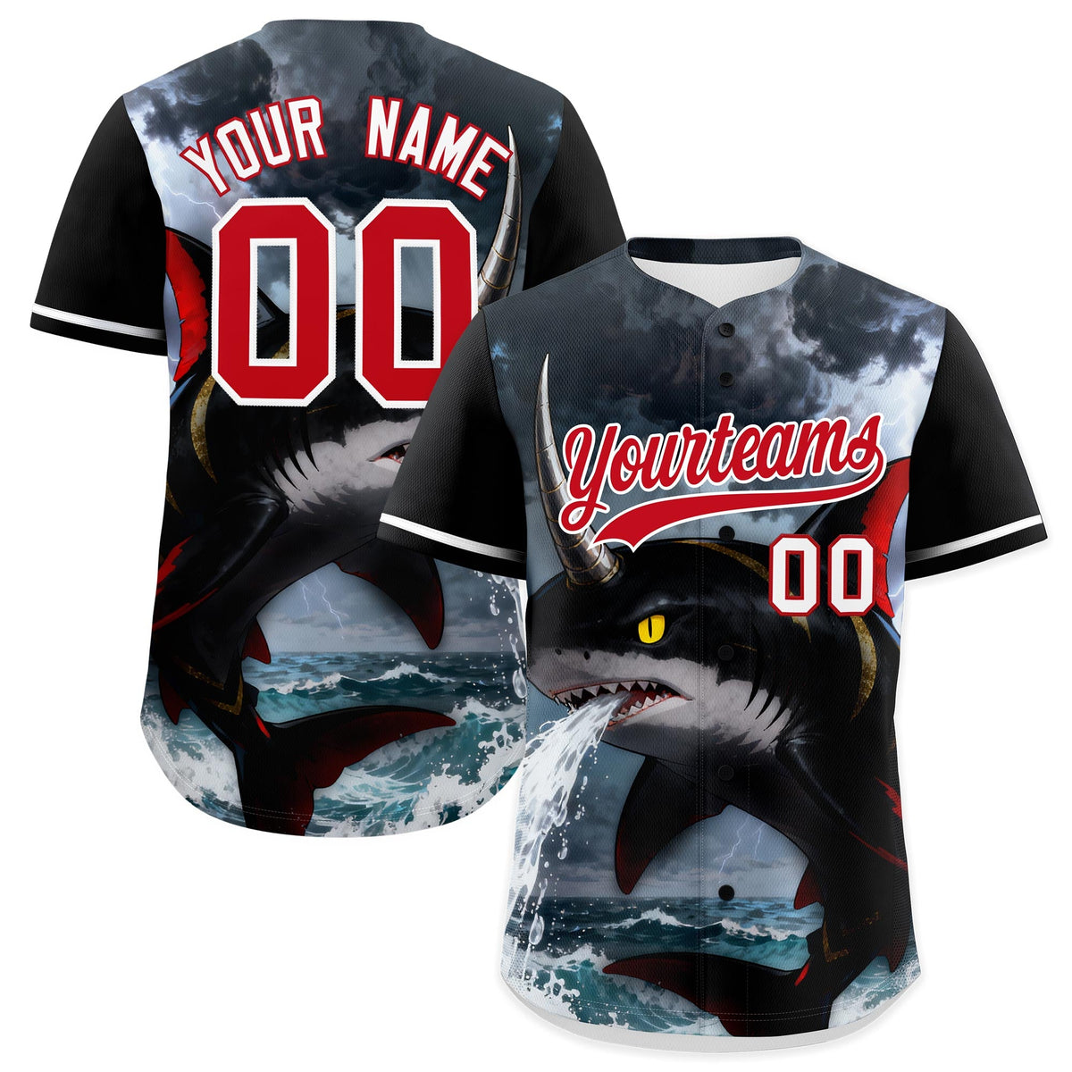 Custom Black White Red Shark Animal Series Personalization Graffiti Pattern Baseball Jersey| KXKSHOP