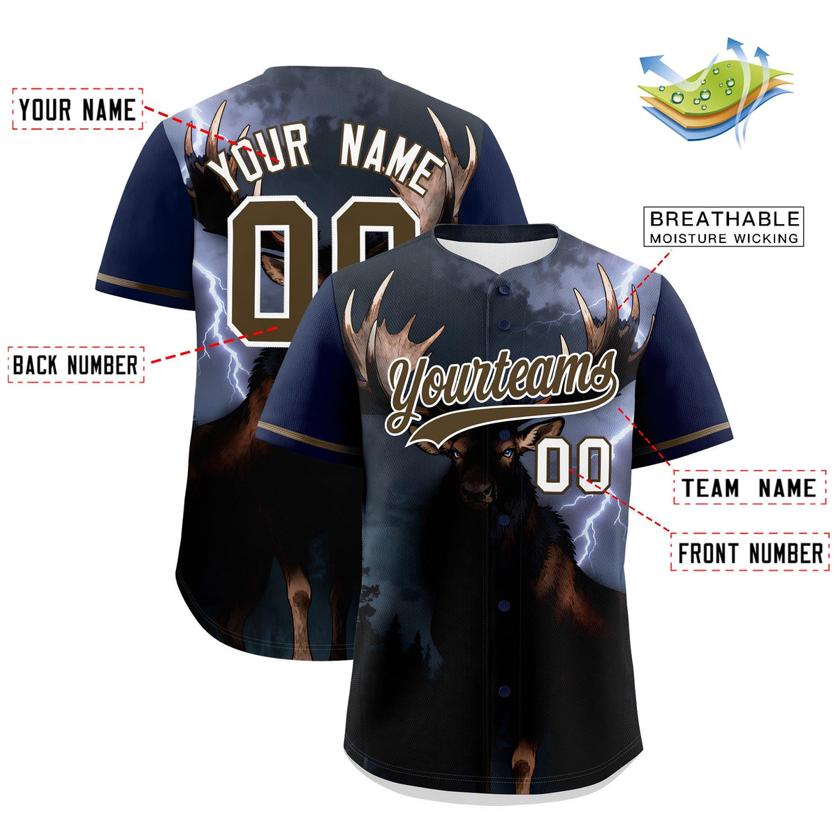 Custom Dark Blue Light Brown White Deer Animal Series Personalization Graffiti Pattern Baseball Jersey| KXKSHOP