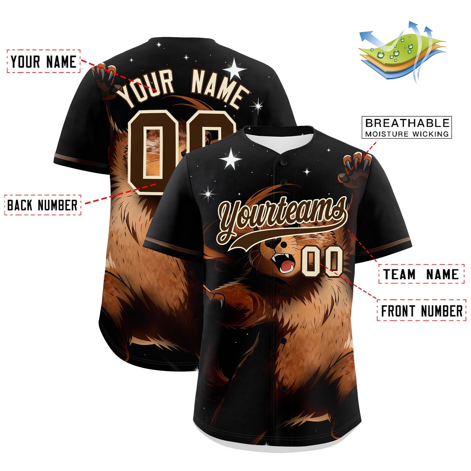 Custom Black Brown Cream Animal Series Personalization Graffiti Pattern Baseball Jersey| KXKSHOP