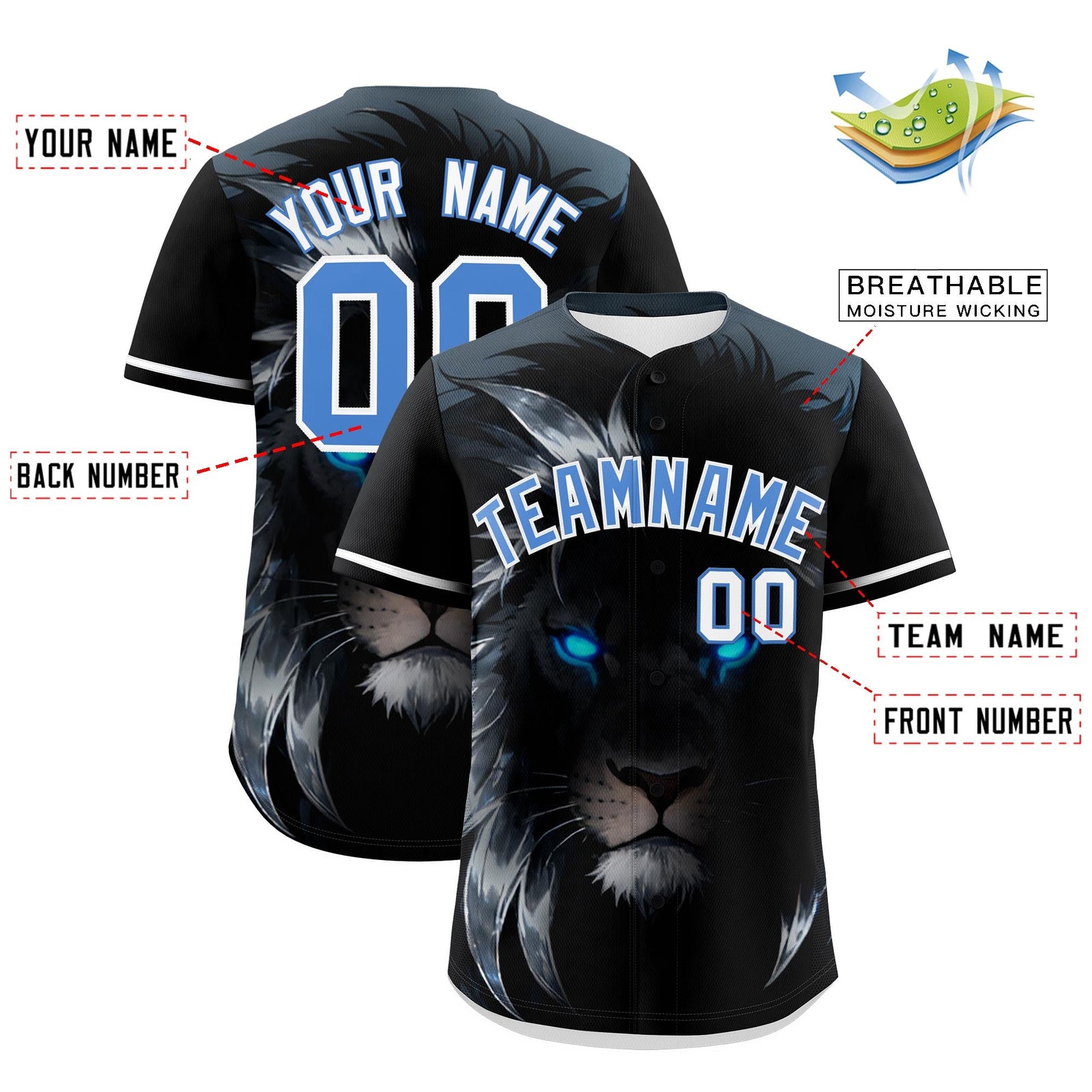 Custom Black Powder Blue White Lion Animal Series Personalization Graffiti Pattern Baseball Jersey| KXKSHOP