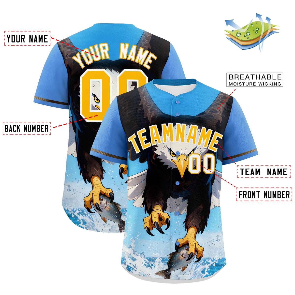 Custom Powder Blue Yellow White Eagle Animal Series Personalization Graffiti Pattern Baseball Jersey| KXKSHOP