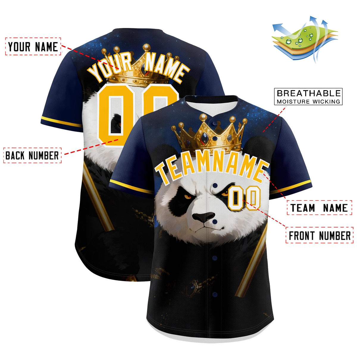 Custom Dark Blue Gold White Panda Animal Series Personalization Graffiti Pattern Baseball Jersey| KXKSHOP