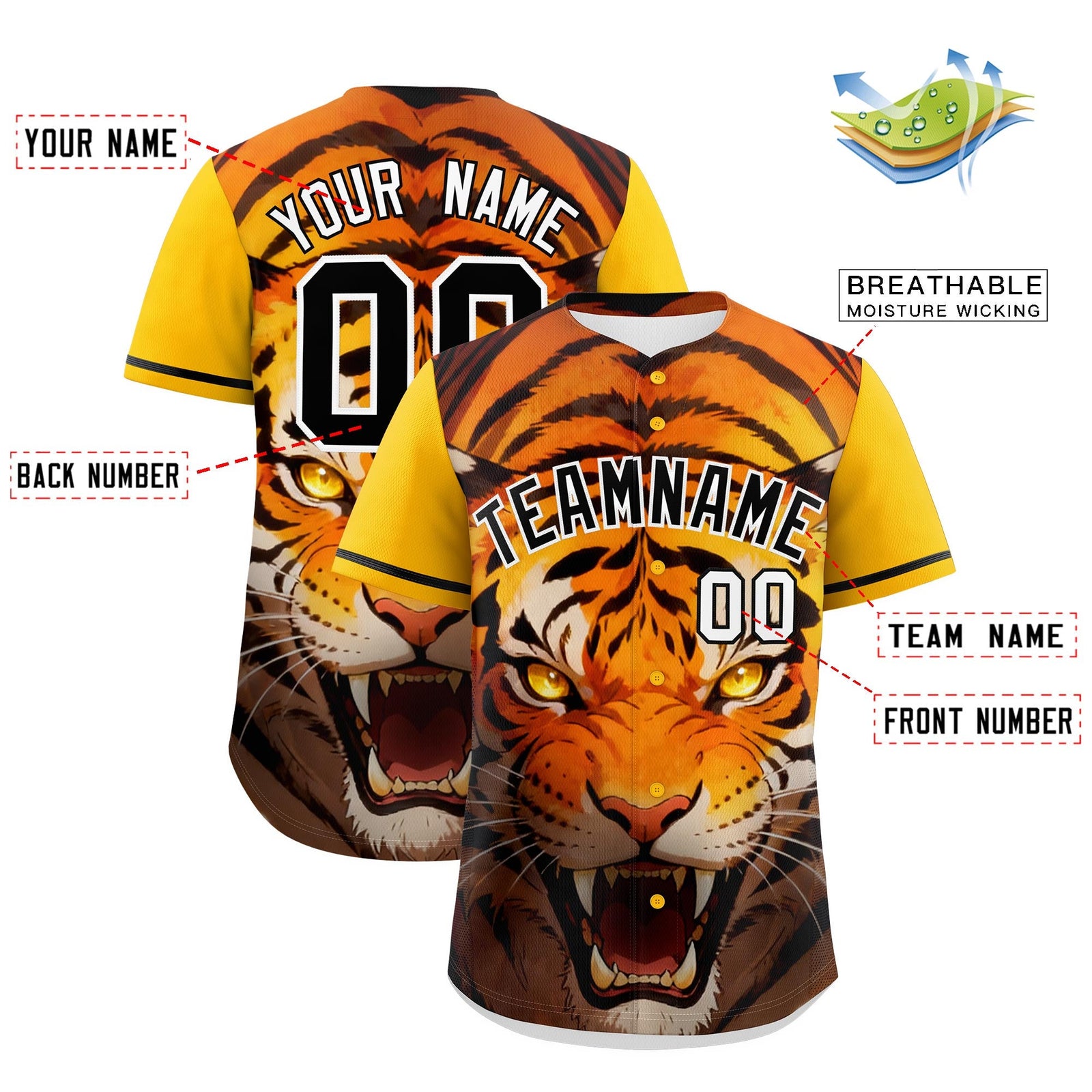 Custom Yellow Black White Tiger Animal Series Personalization Graffiti Pattern Baseball Jersey| KXKSHOP
