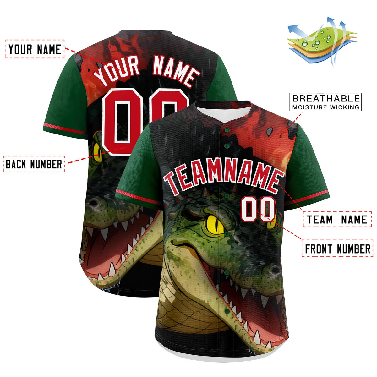 Custom Dark Green Red White Crocodile Animal Series Personalization Graffiti Pattern Baseball Jersey| KXKSHOP