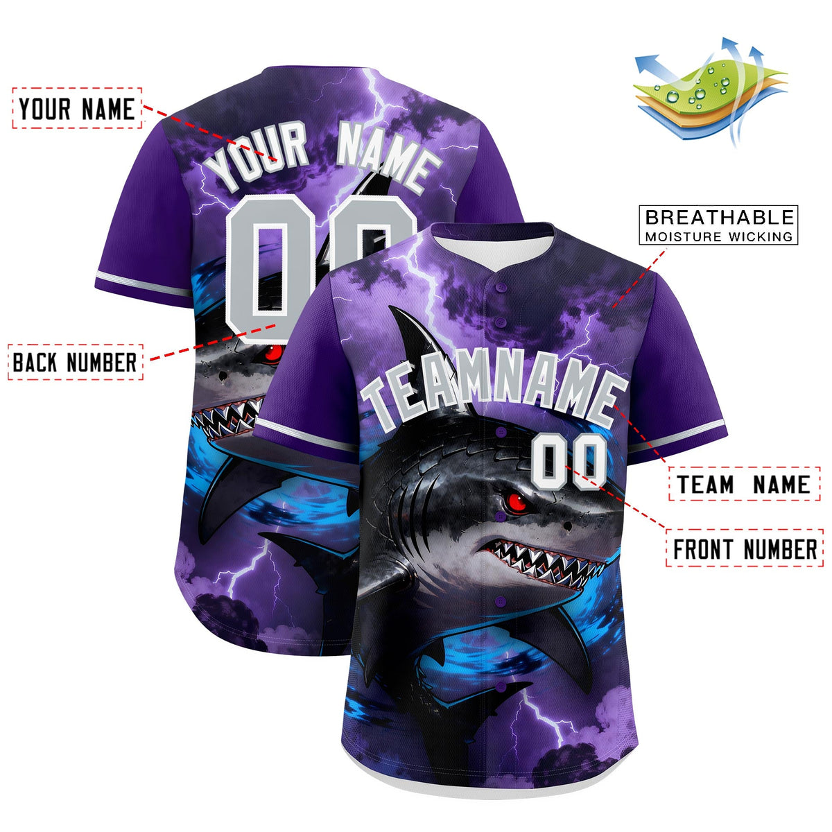 Custom Purple Gray White Shark Animal Series Personalization Graffiti Pattern Baseball Jersey| KXKSHOP