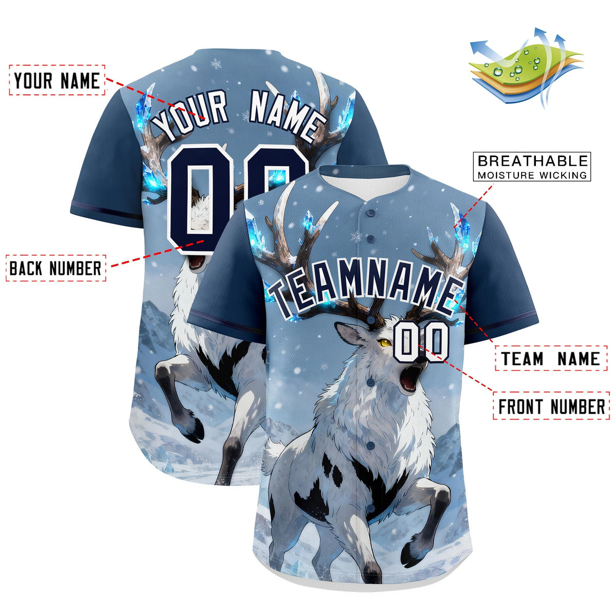 Custom Midnight Blue Navy White Deer Animal Series Personalization Graffiti Pattern Baseball Jersey| KXKSHOP